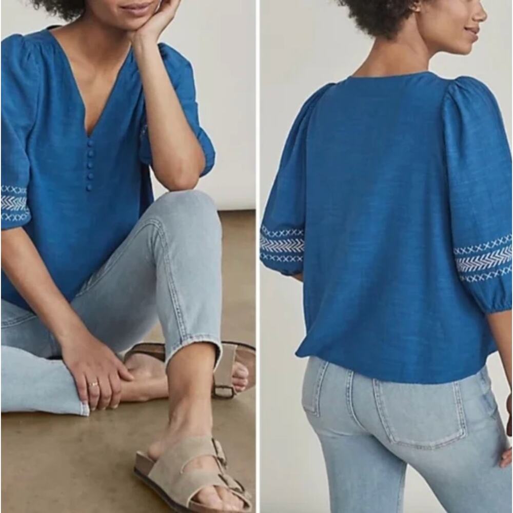 Elizabeth and James Blue Embroidered Boho Peasant Blouse Balloon Sleeve Size L